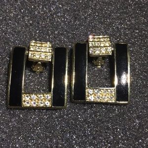 Vintage signed Avo gold tone black enamel earrings